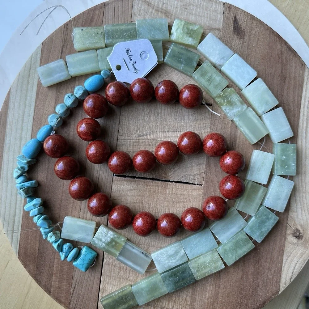 Lapidary Stone Beads 4 Strand Lot Nephrite Jade Fossil Red Coral Blue Turquoise - Picture 2 of 12